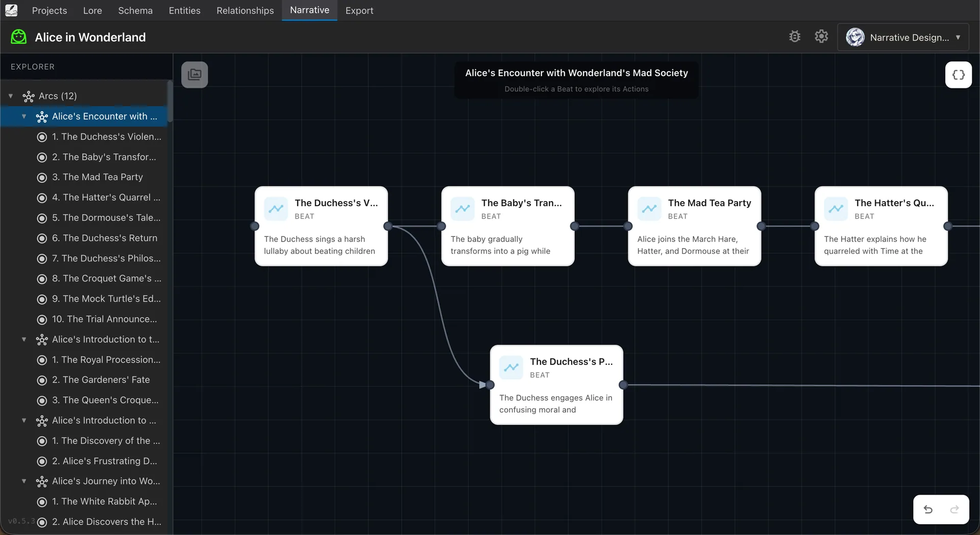 Node-based narrative story canvas